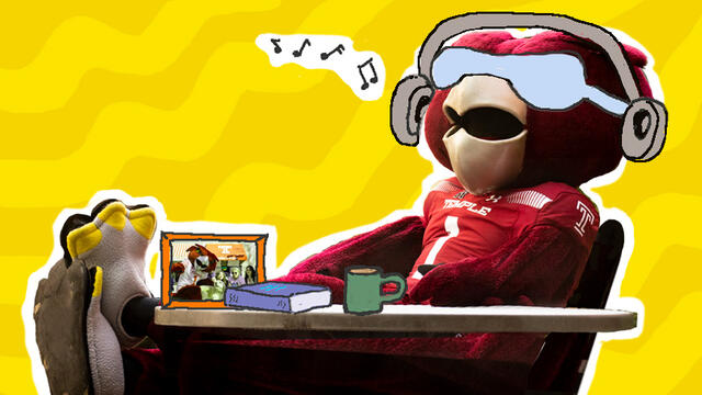 A graphic of Hooter lounging and listening to music