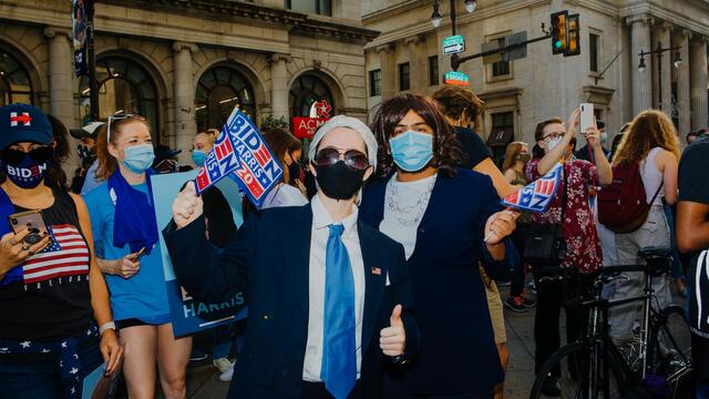Temple students Katelyn Barbour and Justin Procope dressed as Joe Biden and Kamala Harris.