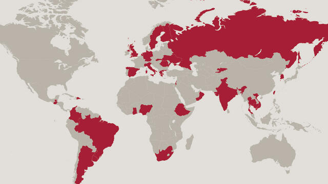 world map highlighting countries hosting Temple Student Fulbright grantees since 2000