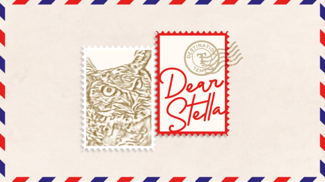An illustration of two postage stamps, one with Stella the Owl and one that reads Dear Stella.