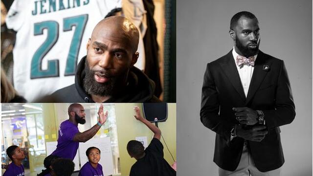 Collage: Top left Malcolm Jenkins in front of his football jersey; bottom left Malcolm Jenkins about to high five a child in a classroom