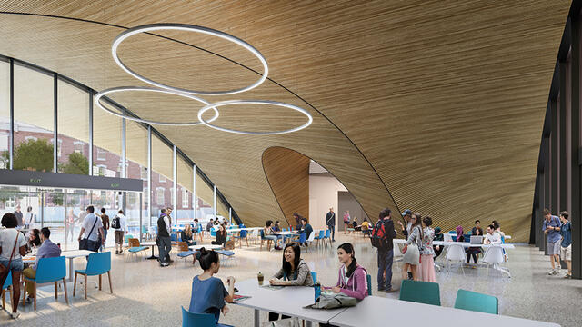 A rendering of the interior of the new library featuring large windows.