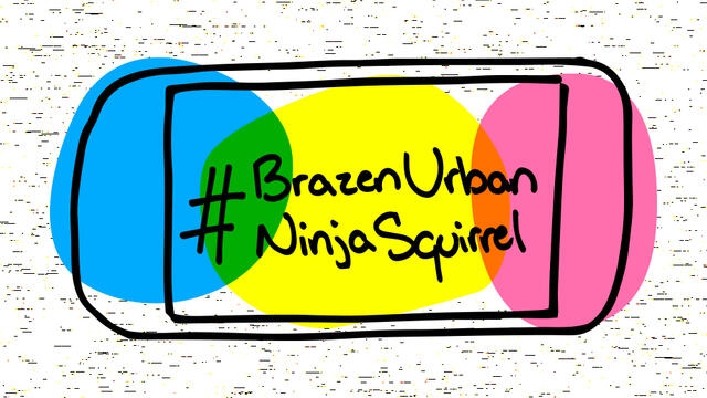 A cell phone displaying #BrazenUrbanNinjaSquirrel on its screen in shades of yellow, blue and pink that mimic highlighters.