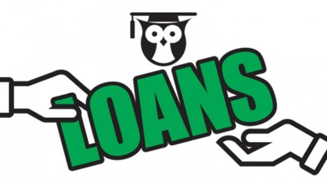 An owl with a commencement cap above the word loans.