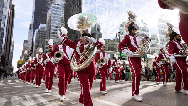 Temple's Diamond Marching Band marches in the Macy's Thanksgiving Day Parade