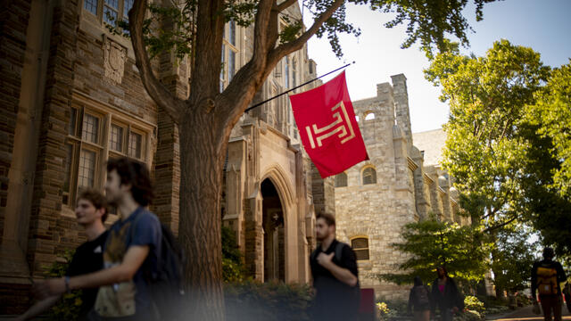 A photo of the Temple flag outside Sullivan Hall