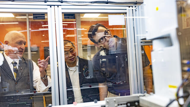 Image of Stephen Maund, Li Bai and Kyle McGinley in the IDEAS Hub.