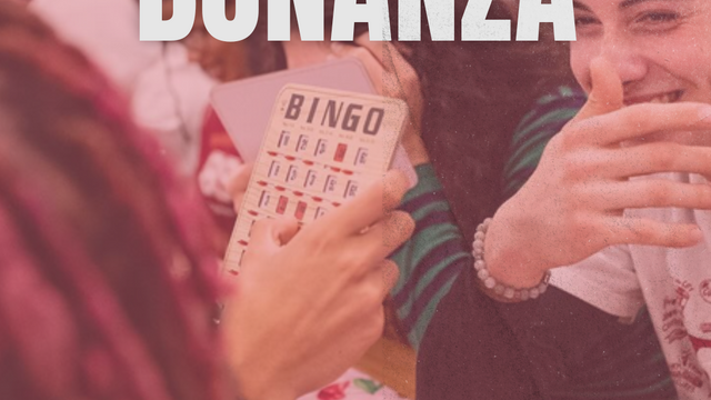 Students playing Bingo. Flyer says: "Bingo Bonanza. Friday, August 28th from 8:00 PM - 10:00 PM in the Howard Gittis Student Center Rooms 200 and 217."