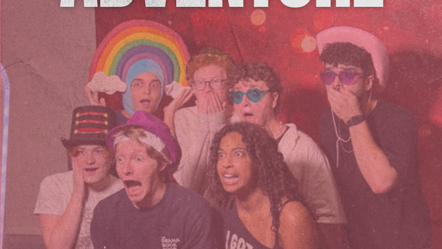 Student posing for a photobooth picture. Flyer says: "Choose Your Own Adventure. Thursday, August 20 from 7:00 PM - 10:00 PM in the Howard Gittis Student Center."