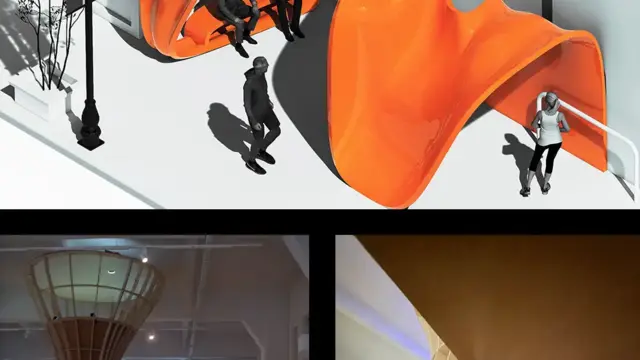 Top: An orange curvilinear threshold structure outside a building with people seated and standing around it. Center: Exterior of a large, beacon-scale installation constructed from a curved wooden framework stands inside an exhibition space, illuminated from within and surrounded by soil, exhibition displays and video screens. Right: Interior view of a structure with a moonlike animated dome emitting light. 