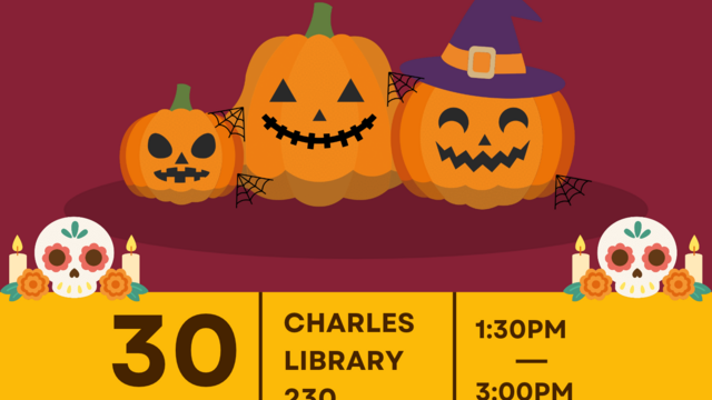 Flyer for the Halloween and Day of the Dead event on 10/30 at 1:30-3 in Charles 230
