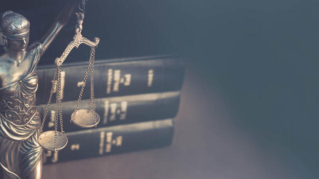 Image of blind justice statue in front of three law school books