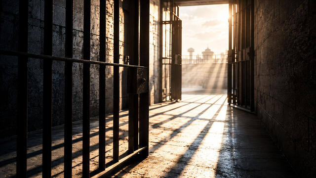 Image of jail cell with the sun coming through the door casting a shadow of the bars on the floor