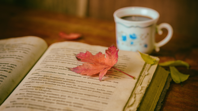 An open book on a table, with a red autumn leaf laid on top. A cup of coffee or tea is nearby. 