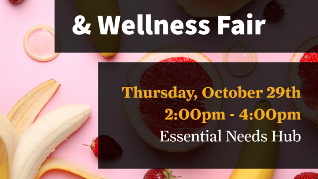 Fruits and safer sex supplies on a pink tabletop with event information text overlayed