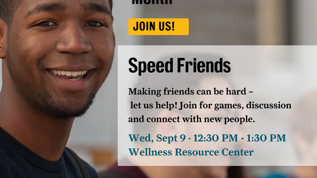 College-aged person smiling at the camera. Event details on the right side of the image.