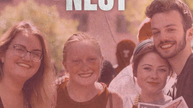 Group of students gathered. Flyer says: "Welcome Nest Thursday, August 20 from 9:00 AM - 12:00 PM in Founder's Garden."