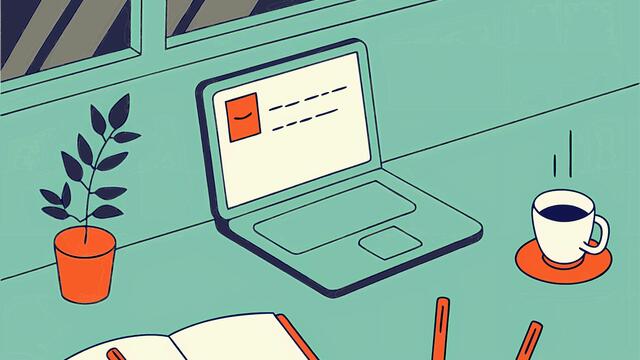 Illustration of computer and notebook.