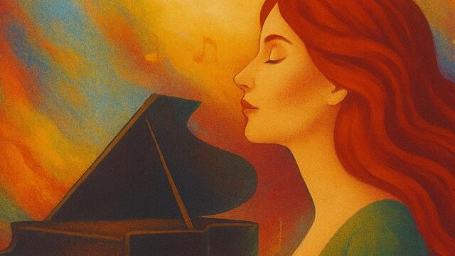 impressionist painting of woman with piano