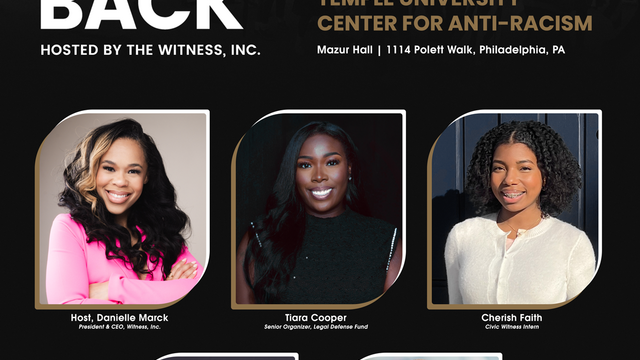 graphic for event by CFAR and The Witness, Inc. called Not Going Back, featuring 5 panelists