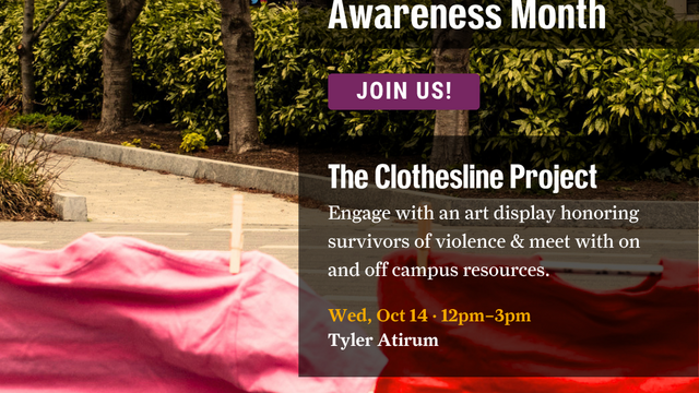 Pink and red shirts hung up on a clothesline, outside on Temple's campus.