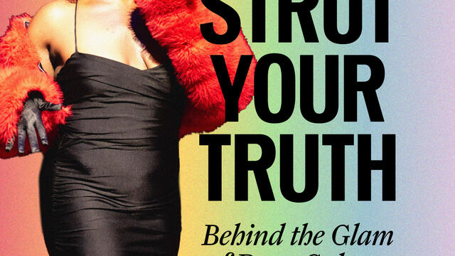 graphic for RHA event Strut Your Truth on October 30, 6-8 PM, at the Office of IDEAL, pictured is Dalyla Mizani Cristal, a local drag queen, in a black dress and red fur coat