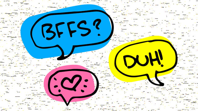 Various word bubbles that represent a conversation between two people becoming friends in shades of yellow, blue and pink that mimic highlighters.