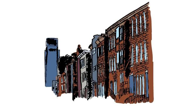 Illustration of North Philly rowhomes and Center City skyline