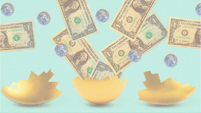 Animated graphic of egg splitting open and money flying out.