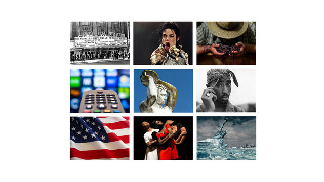 An animated GIF of several images, such as Tupac, Michael Jackson and the American flag, to illustrate various classes.