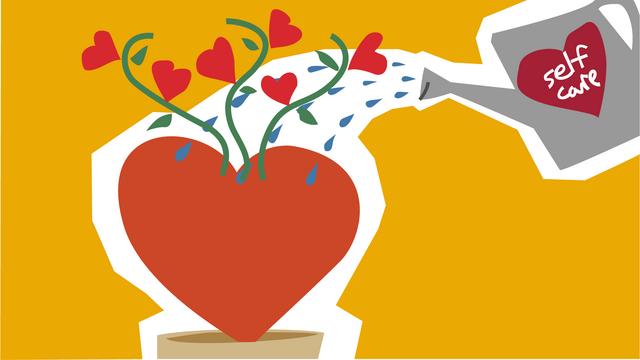 An illustration of a self-care watering can pouring onto a growing heart.