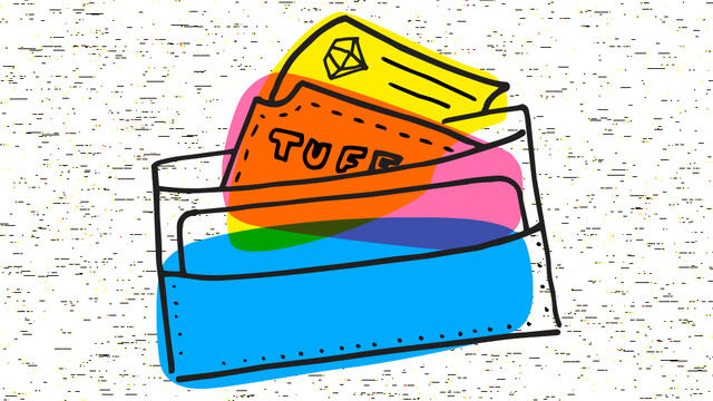 A wallet with Temple football tickets and Diamond Dollars colored in with shades of yellow, blue and pink that mimic highlighters.