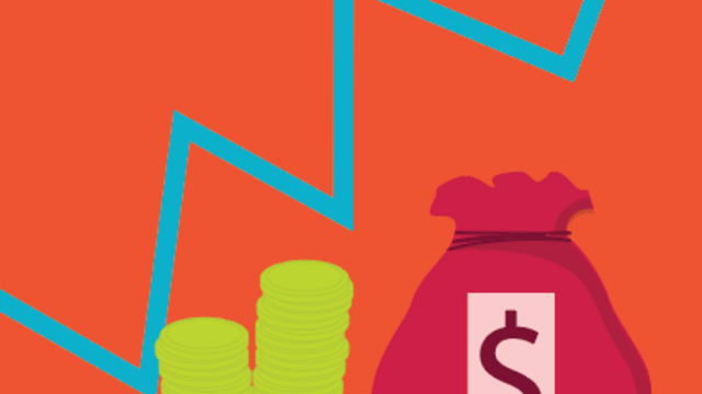 Cartoon image of a money bag and stacks of coins with a background of a graph