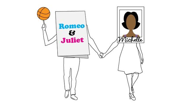 An illustration of a photograph of Michelle Obama holding hands with a Romeo and Juliet playbill.