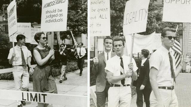 Men and women marching with equality signs in front of Independence Hall.