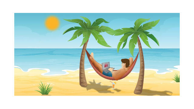 A student relaxing in a hammock with a laptop on a beach as the sun moves across the sky