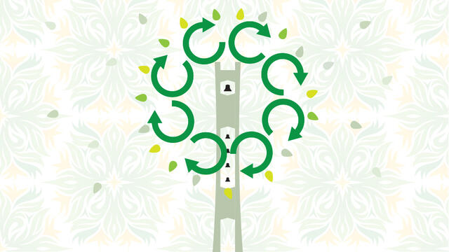 An illustrated Bell Tower with reuse arrows around the top of the tower.