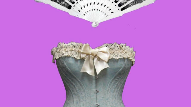 Black and white images of a fan and a corset, part of the poster for