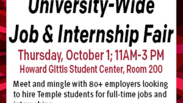 University Wide Job and Internship Fair Thursday October 1 at 11AM in Student Center Room 200