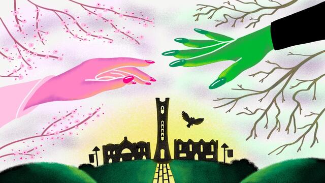 Pink hand and green hand extend towards each other in front of silhouette of Temple's campus