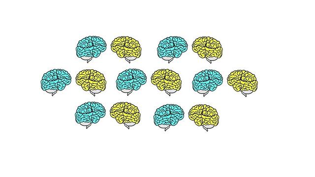 Many bright blue and yellow brains floating together.