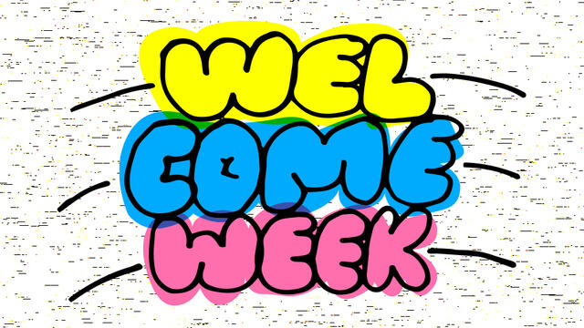 The words welcome week in bubble letters in shades of yellow, blue and pink that mimic highlighters.