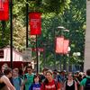 Students walking past the bell tower on Main Campus.