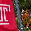 The Temple T on a cherry flag.