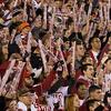 A cherry and white clad crowd cheers on the Temple football team at Lincoln Financial Field.