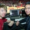 James and Javi Yuan broadcasting in the press box in the Liacouras Center.
