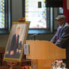 John Chaney speaks at a lectern at a service for Peter J. Liacouras.