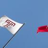 Temple University logo flags flying