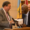 David Cohen presenting historian Charles L. Blockson with the Philadelphia Award