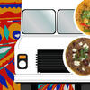 Animated graphic of a food truck with various dishes rotating in front of it.